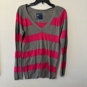 American Eagle Outfitters Womens Gray Pink Striped V-Neck Cotton Sweater Large